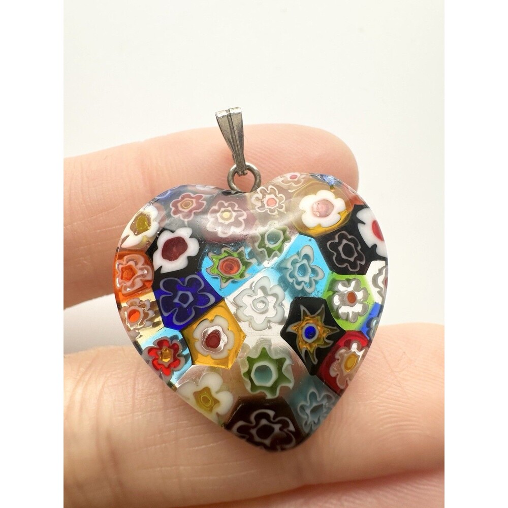 Murano Italy Glass Millefiori Heart Pendant Multicolored